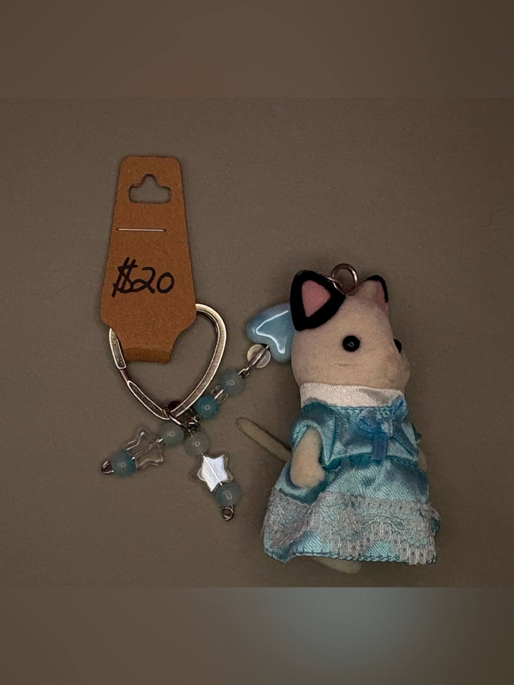 Calico critter Cat Keychain with Blue Heart Charm